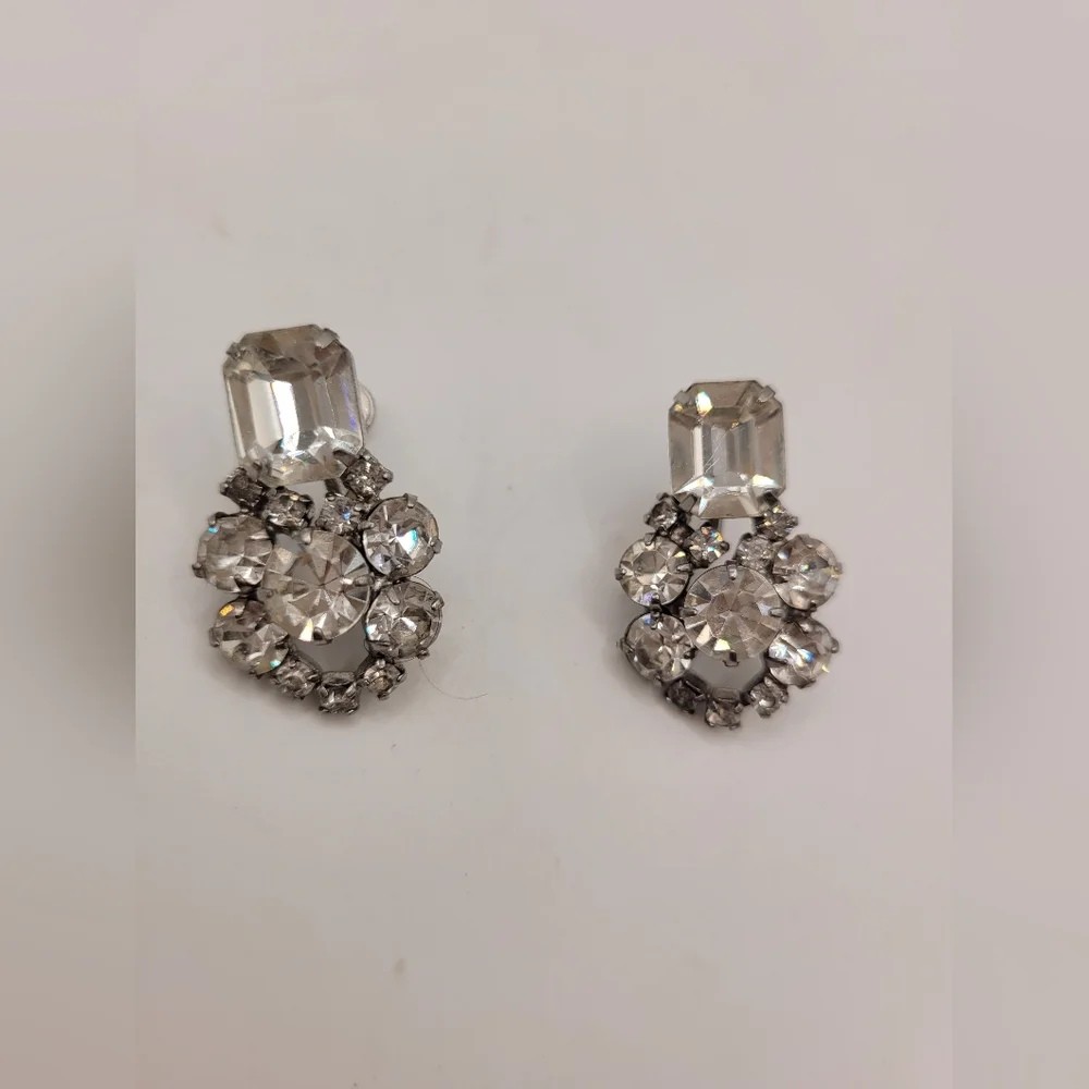 Vintage Art Deco Emerald Cut Rhinestone Earrings Screwback Mid Century Modern